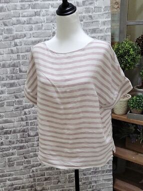 Sigrid Olsen Pale Pink and White Striped Linen Boxy Top, Womens M, Coastal